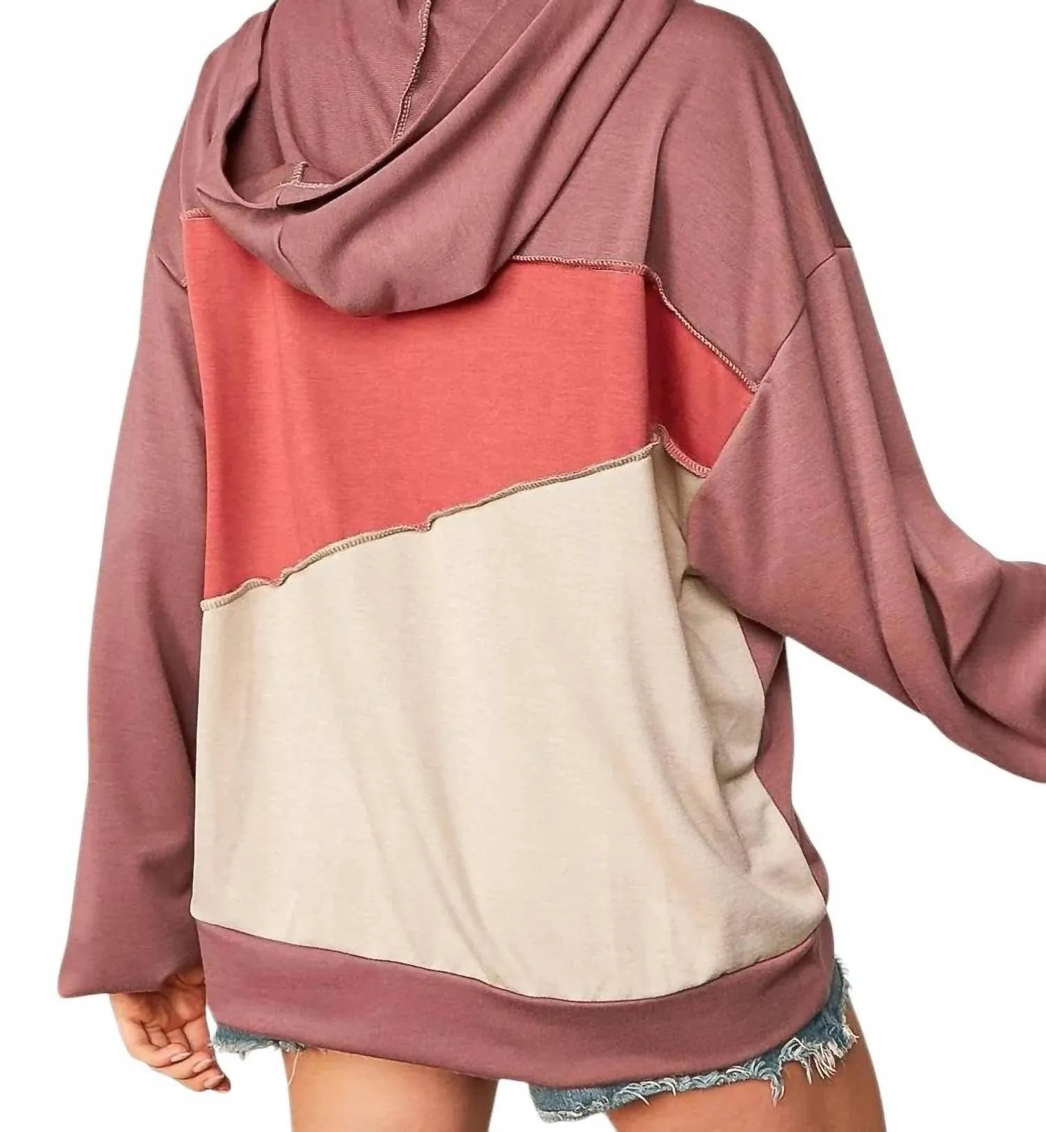 Colorblock Vneck Hoodie In Mauve