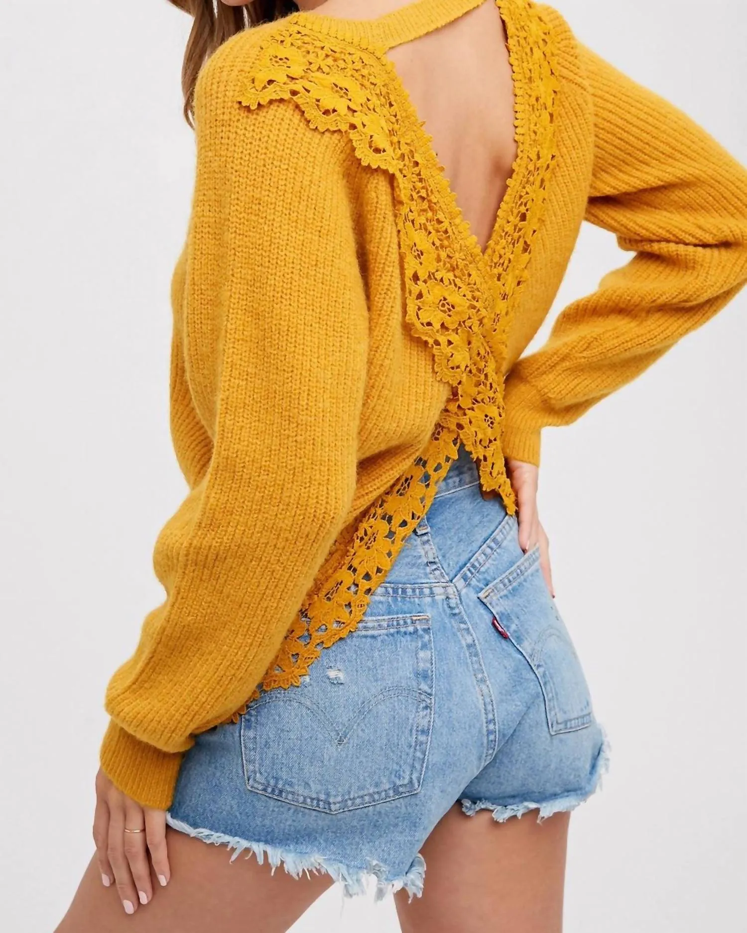 Crochet Lace Cross Back Pullover In Mustard