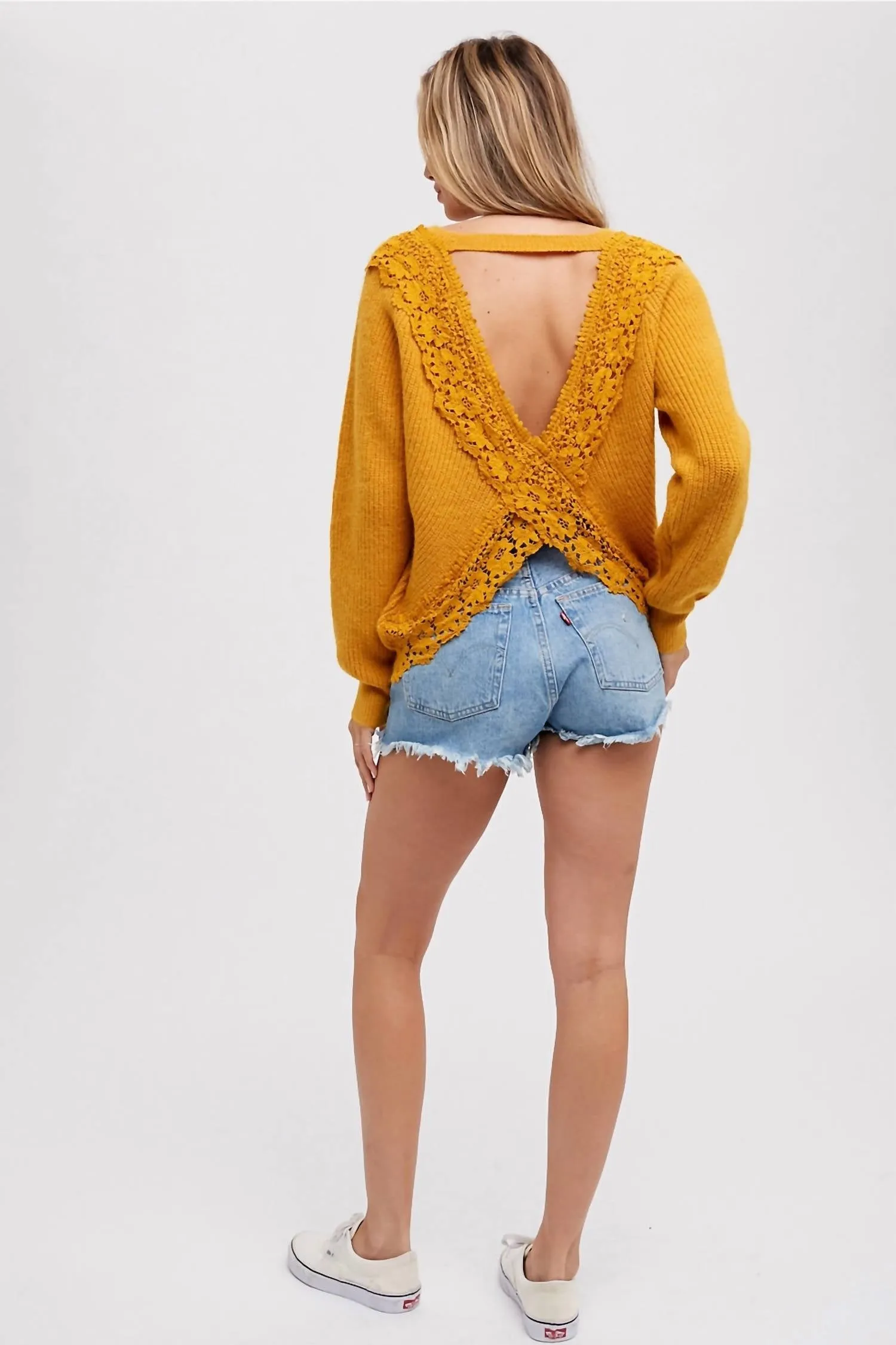 Crochet Lace Cross Back Pullover In Mustard