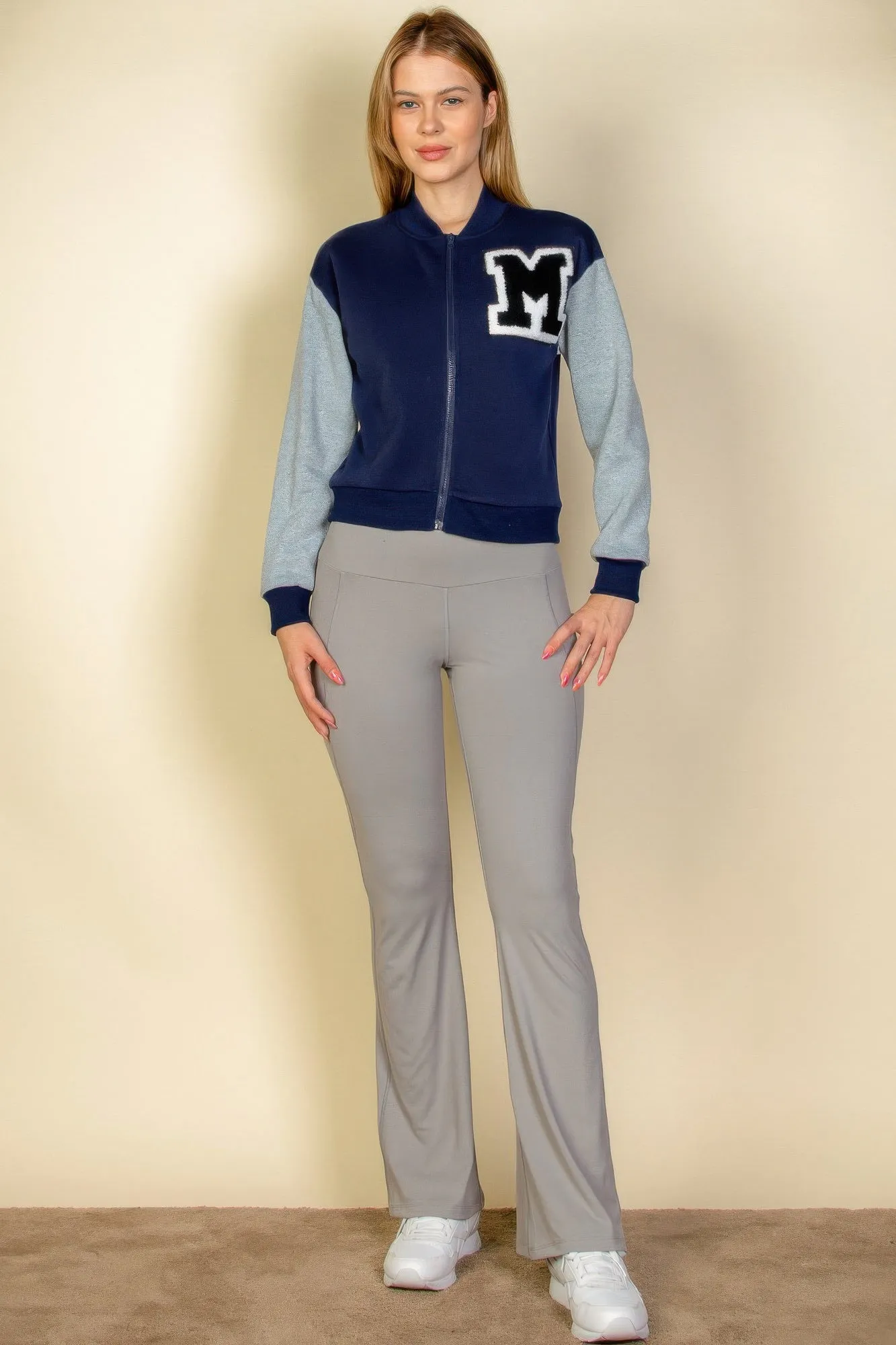 FASHNZFAB Women's Letter Patched Striped Trim Varsity Jacket