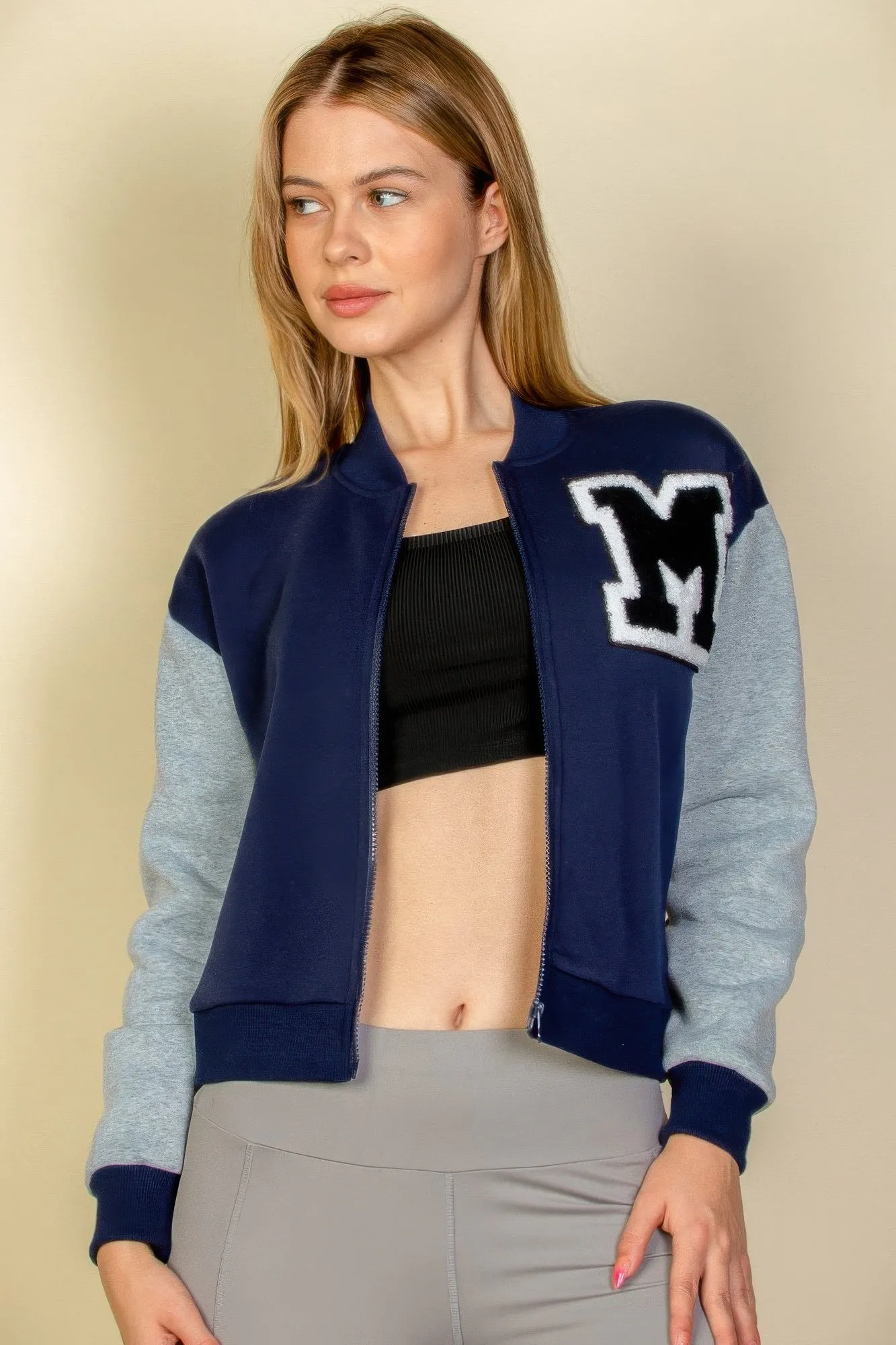 FASHNZFAB Women's Letter Patched Striped Trim Varsity Jacket