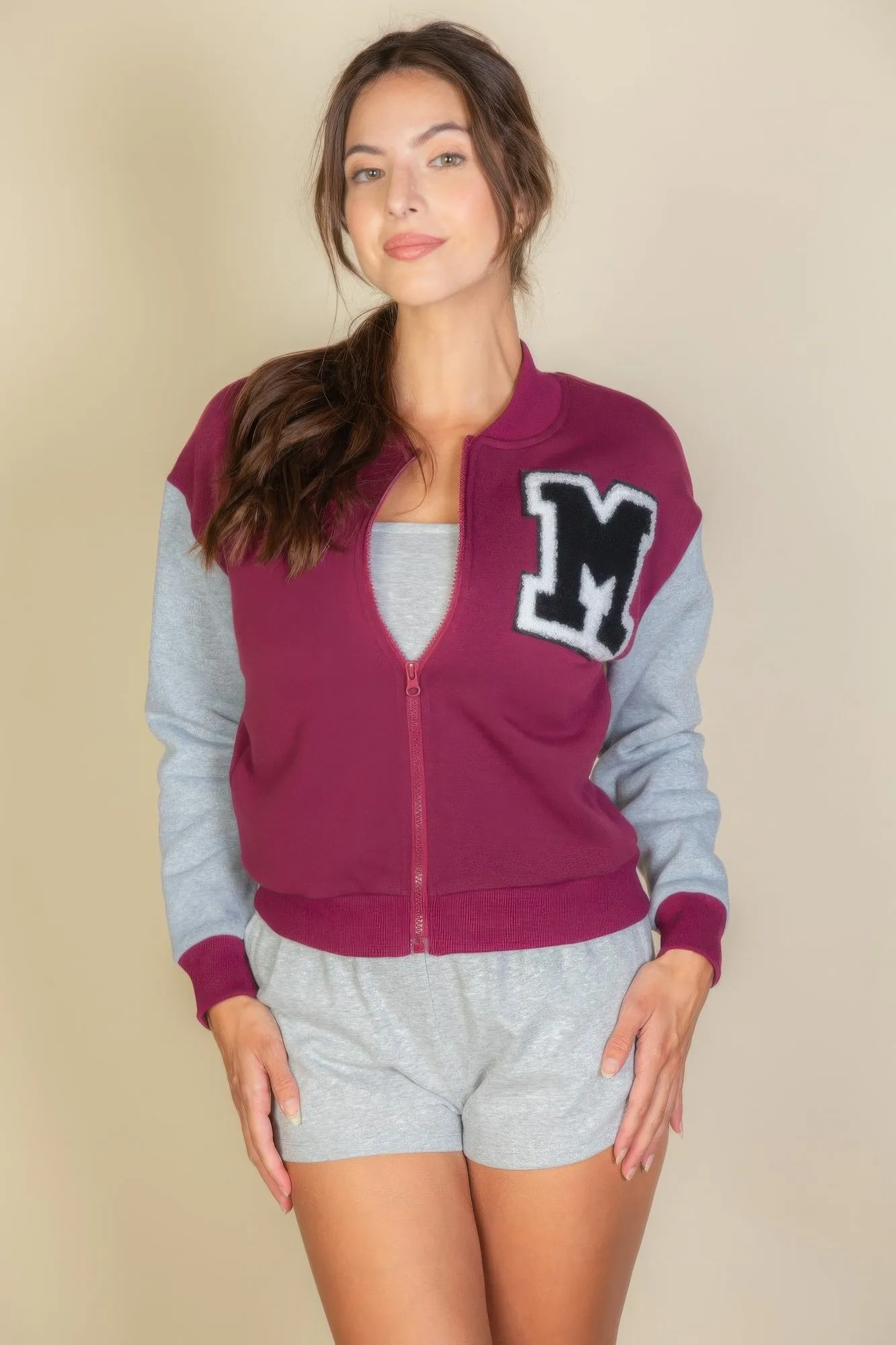 FASHNZFAB Women's Letter Patched Striped Trim Varsity Jacket