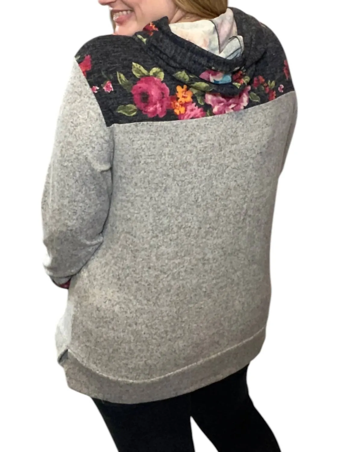 Floral Color Block Hoodie In Gray
