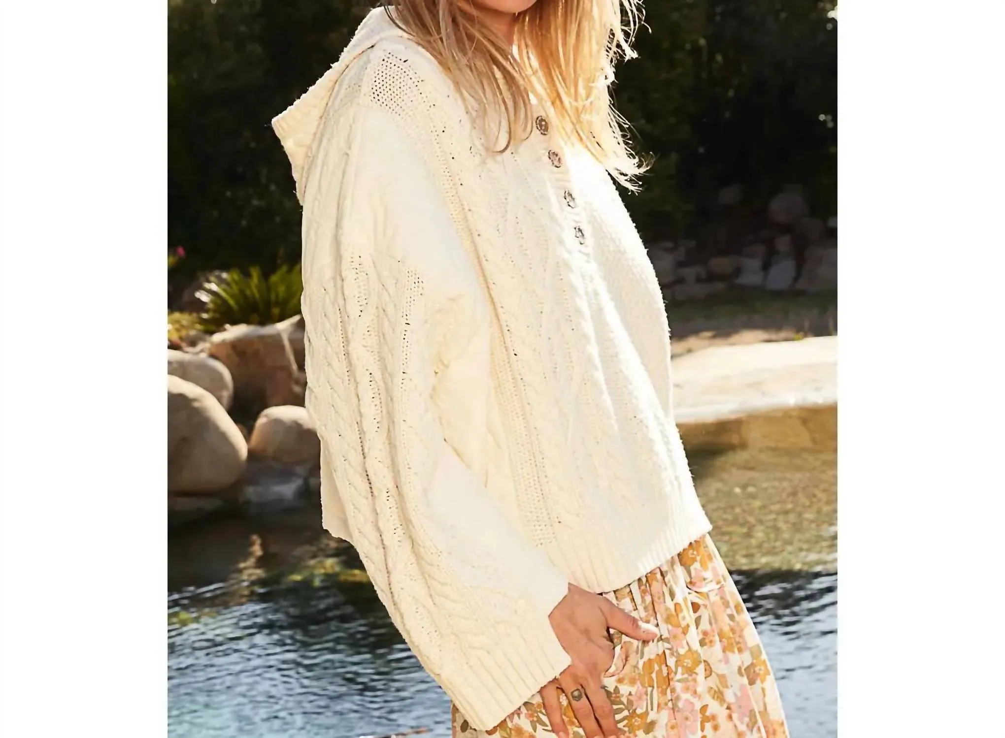 Half Placket Button Down Solid Hoodie Sweater In Beige/ivory