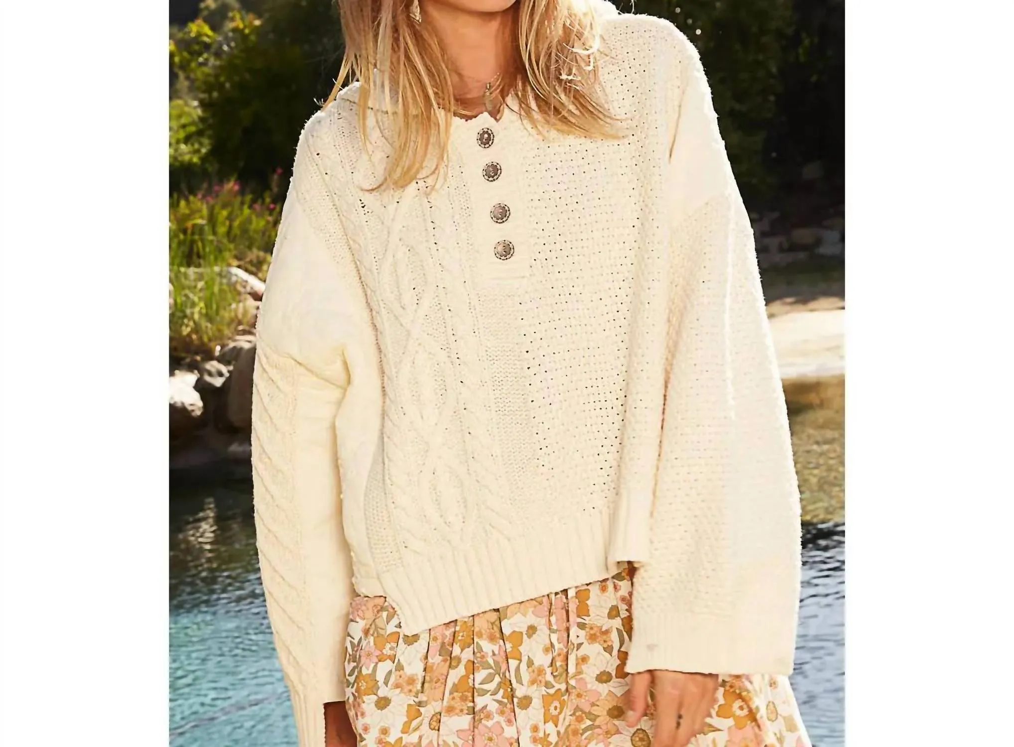 Half Placket Button Down Solid Hoodie Sweater In Beige/ivory