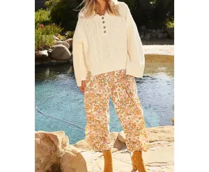 Half Placket Button Down Solid Hoodie Sweater In Beige/ivory