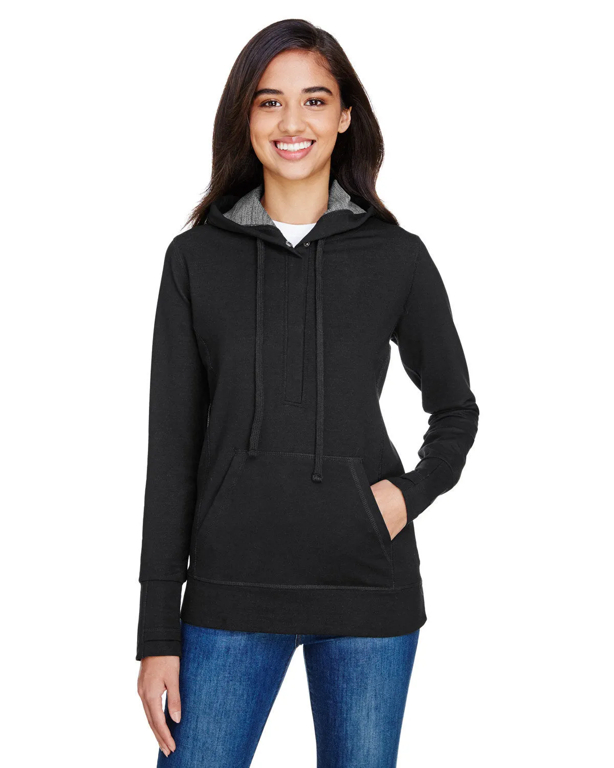 J America JA8431 Ladies' Omega Stretch Snap-Placket Hooded Sweatshirt