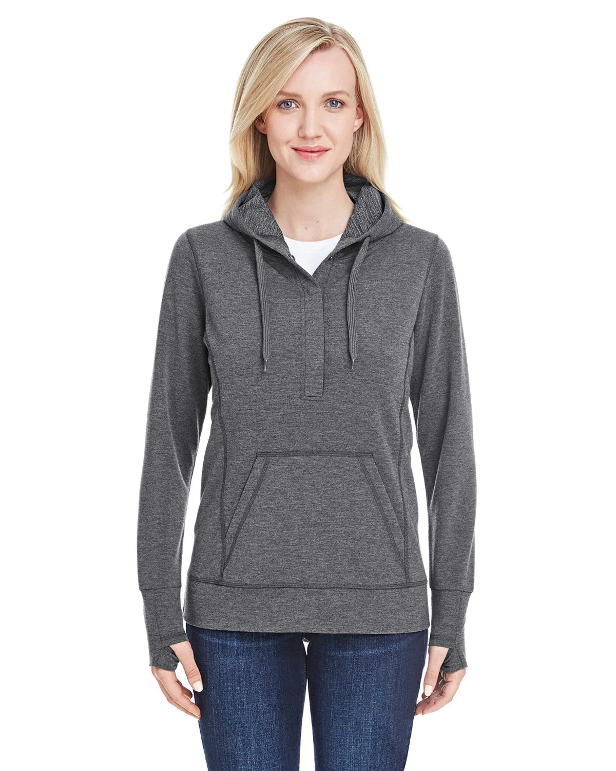 J America JA8431 Ladies' Omega Stretch Snap-Placket Hooded Sweatshirt
