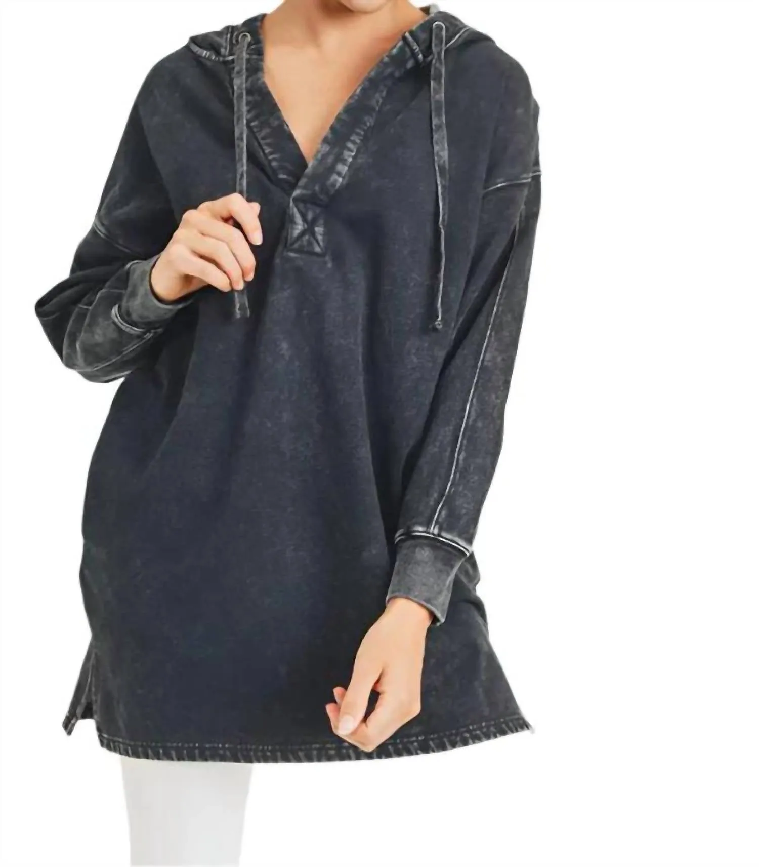 Longline Mineral Washed Hoodie In Black