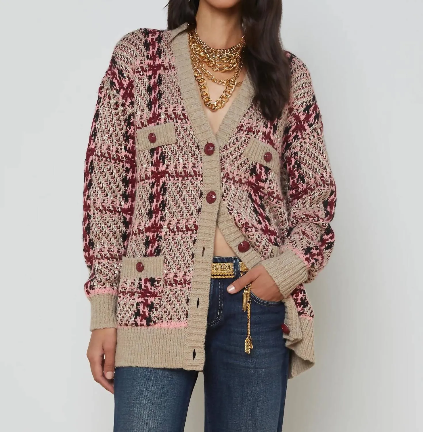 Macie Cardigan In Natural/pink/burgundy/black Sequin