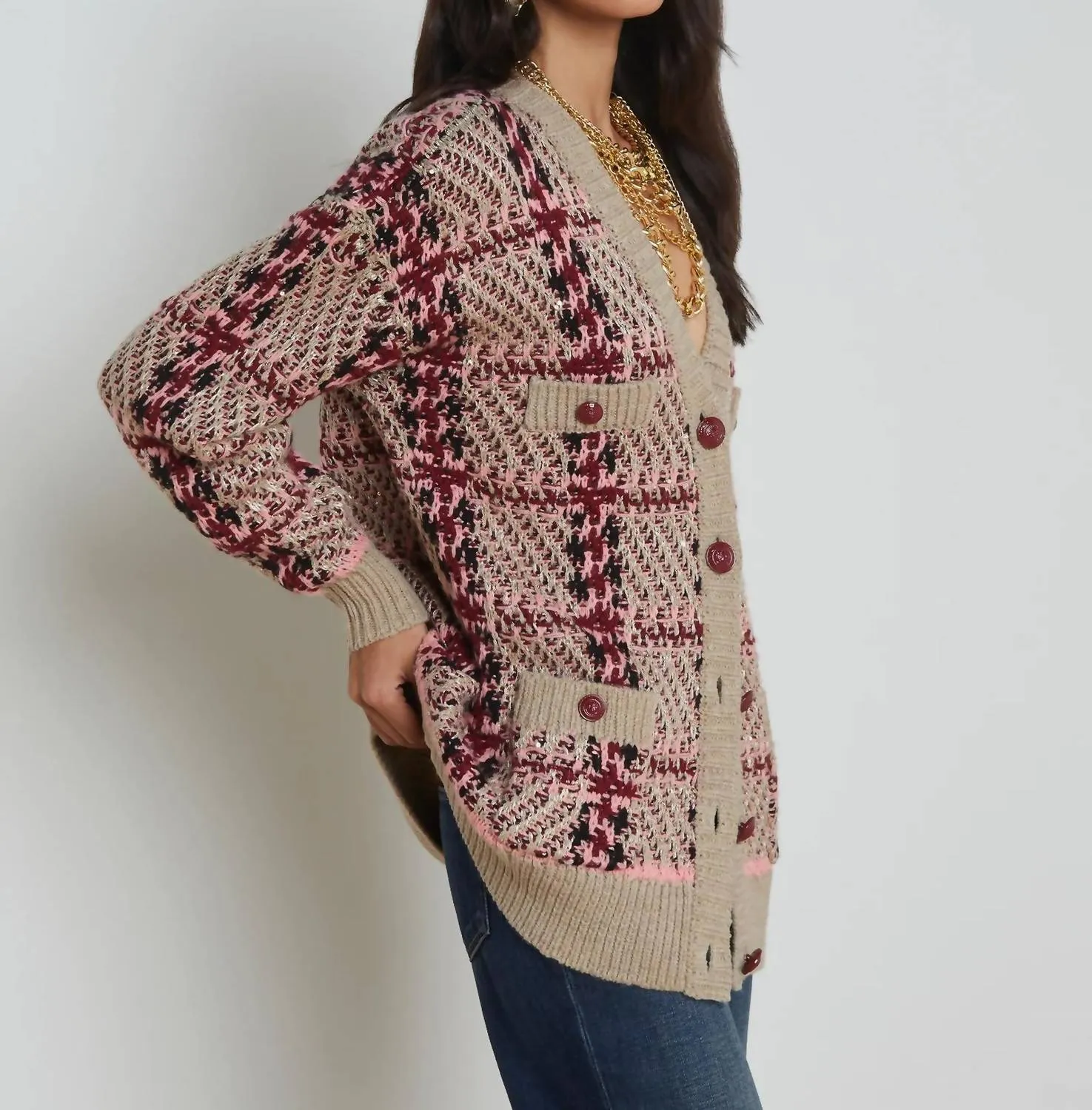 Macie Cardigan In Natural/pink/burgundy/black Sequin