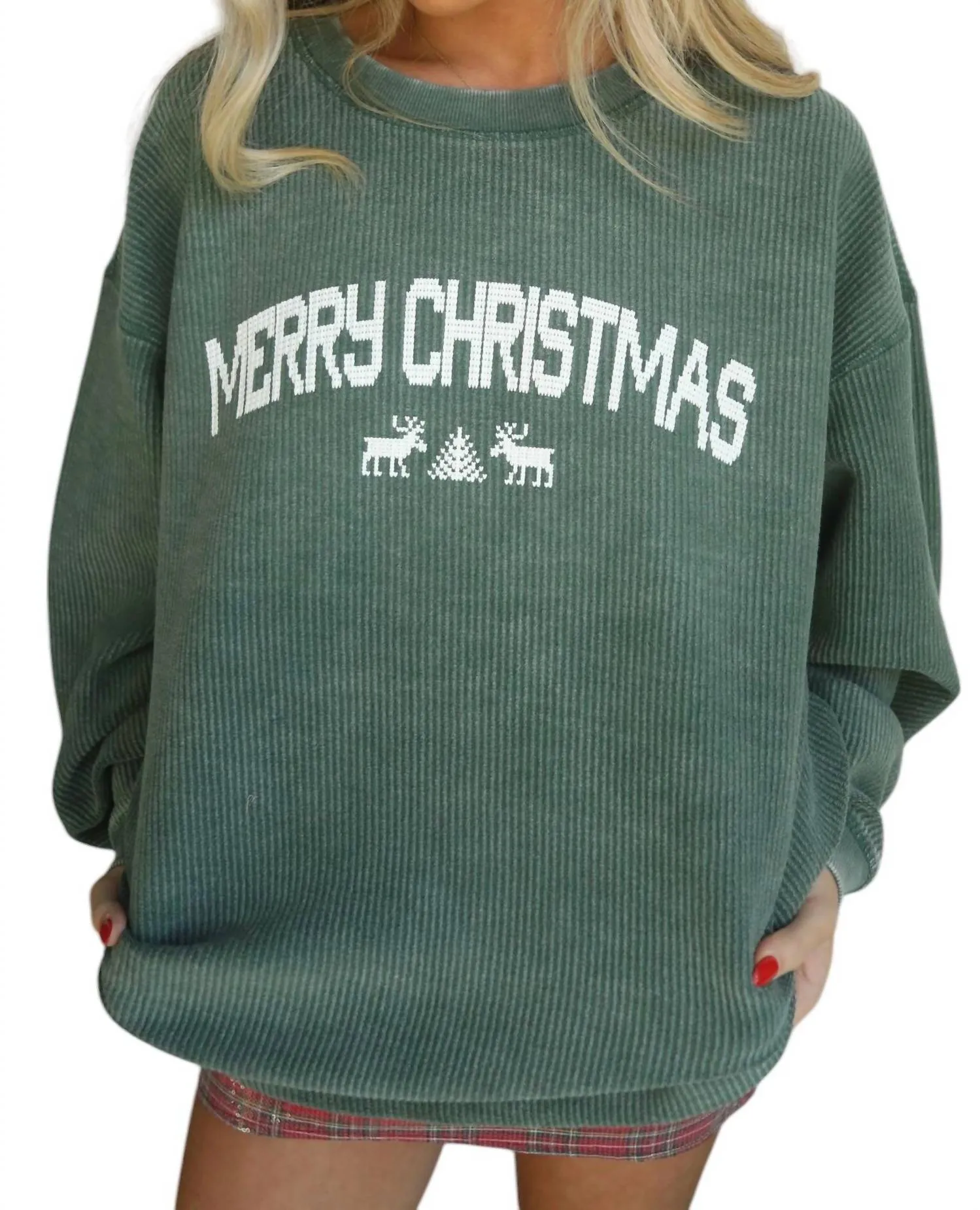 Merry Christmas Corded Crew Sweatshirt In Green
