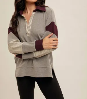 Mixed Colorblock Pullover Sweatshirt In Grey/maroon