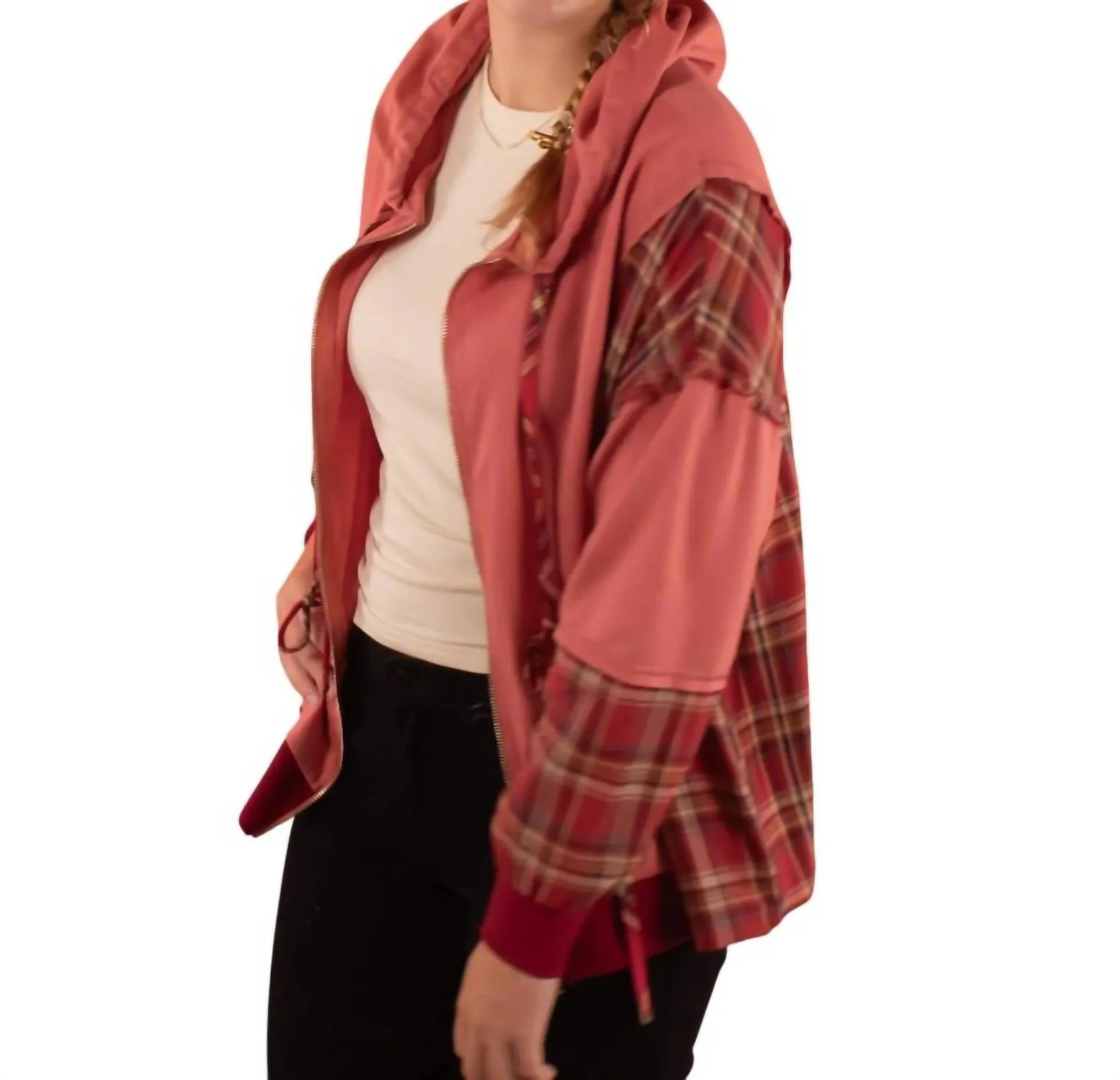 Plaid Zip-Up Hoodie Sweatshirt In Sienna