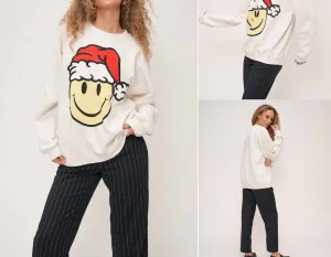 Santa Smiley Sweatshirt In Cream