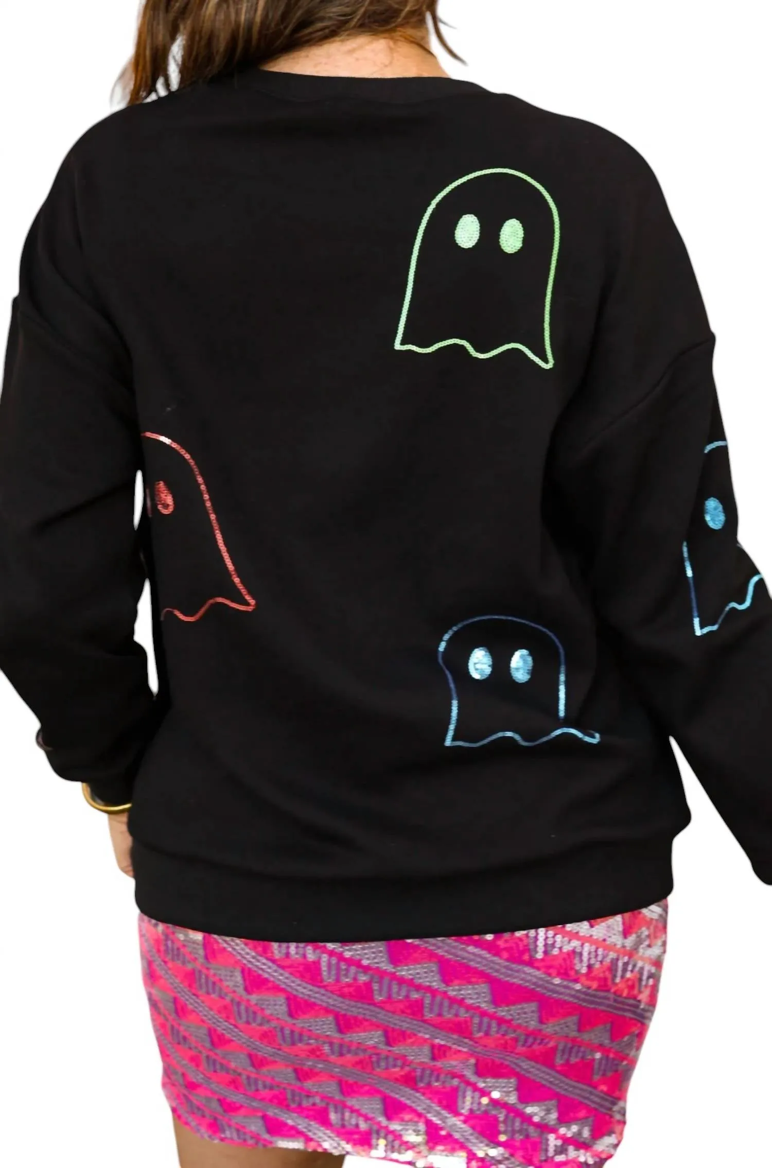 Sequin Ghost Pullover Sweatshirt In Black