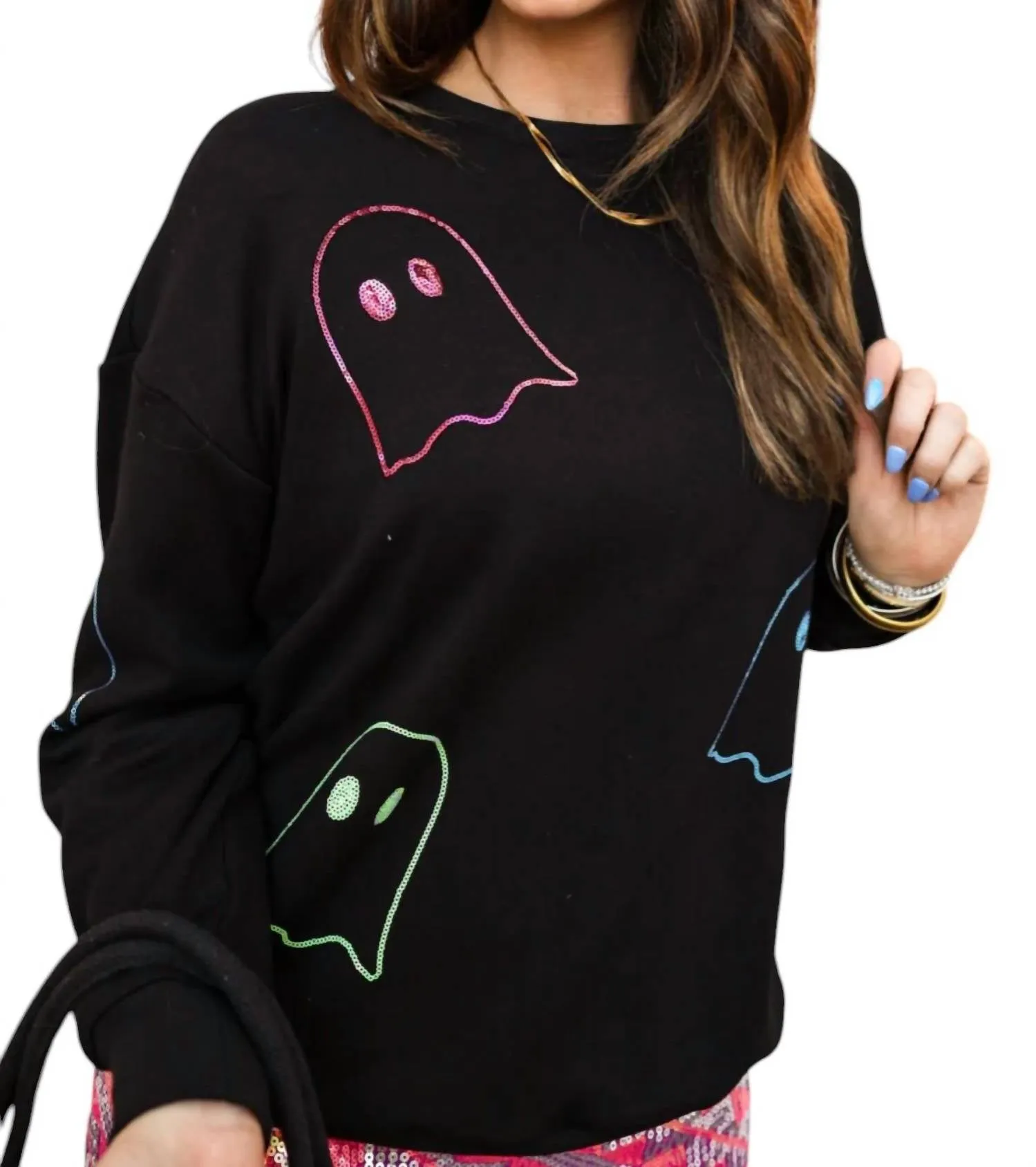 Sequin Ghost Pullover Sweatshirt In Black