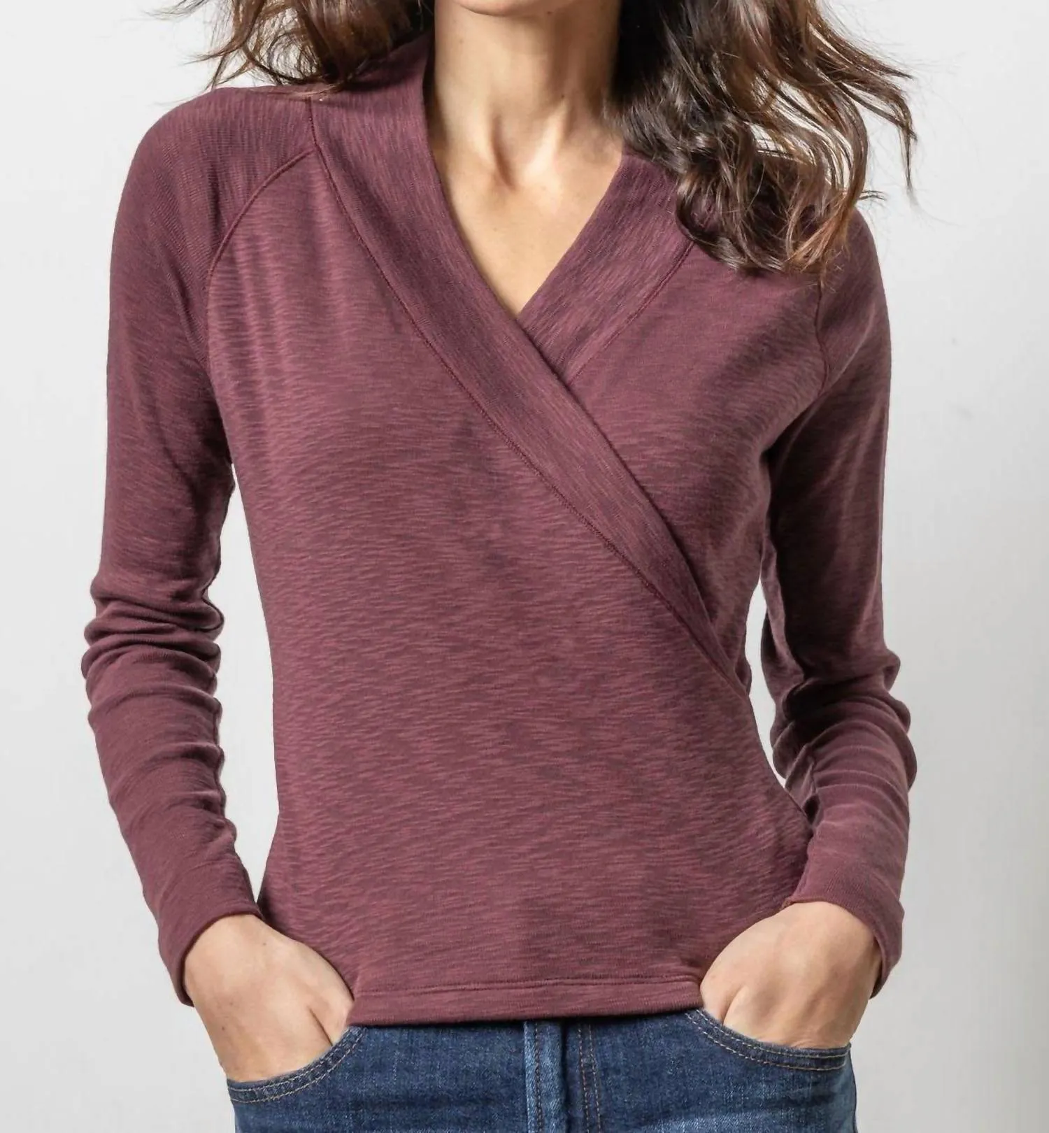 Shawl Collar Faux Wrap Top In Wine