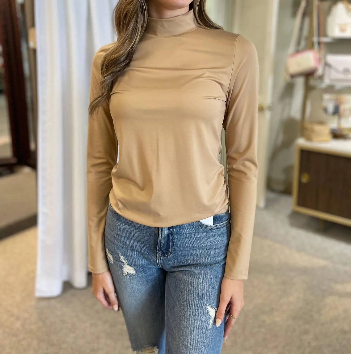 So Smooth Mock Neck Long Sleeve Top In Taupe