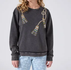 Tassle Beaded Sweatshirt In Acid Wash Grey