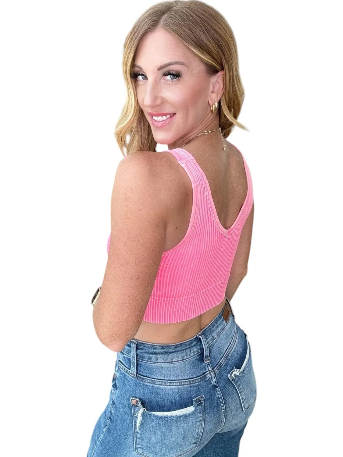 Vneck Reversible Ribbed Bralette In Hot Pink